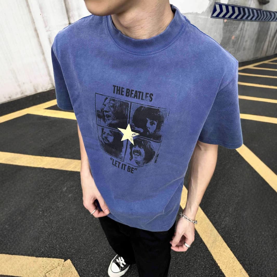 EME Men's Waxed Cotton Washed Distressed American Retro Band Print Crew Neck Summer Short Sleeve T-Shirt Vibe