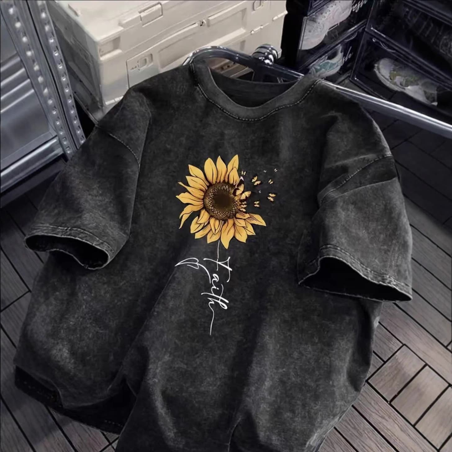 Sunflower and Butterfly Cotton Washed T-Shirt Women Prints T