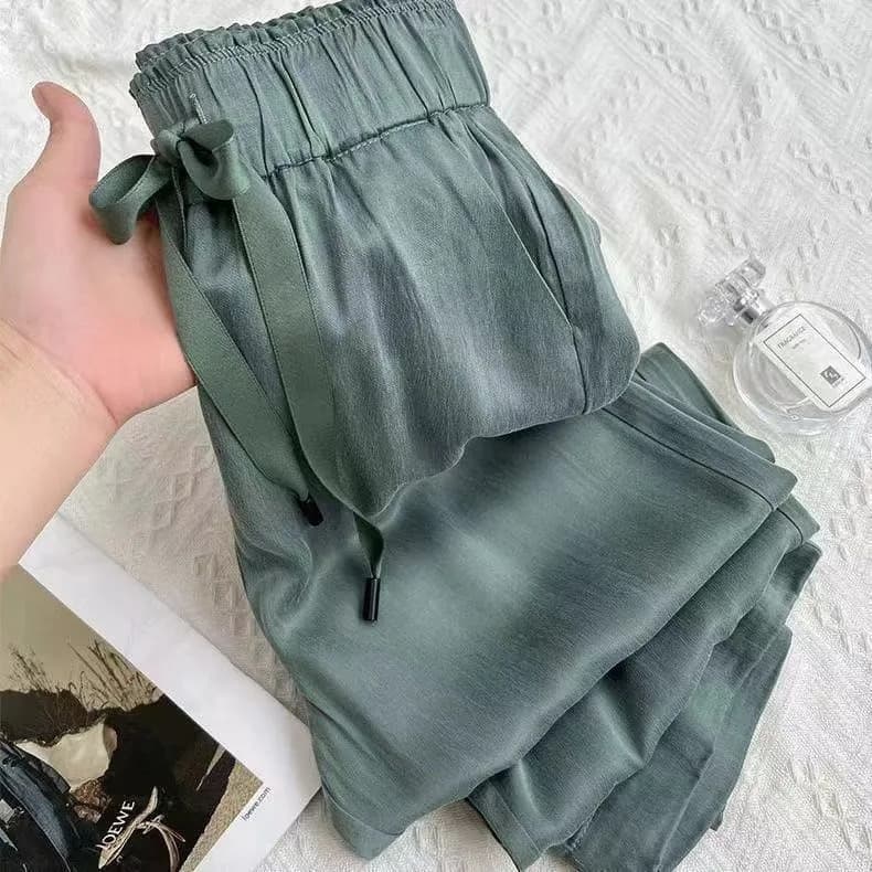 Women's Summer New Arrival Cupro Drawstring Casual Pants, High-Waist Slimming Flowy Silky Wide-Leg Straight Trousers