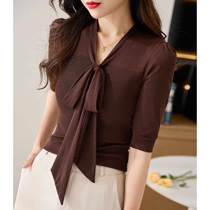 Collar Mesh Temperament Blouse Short Sleeve Top Women's Wear New Chic Five-Point Sleeve Plus-Size Cover Belly Slim-Fit T-Shirt
