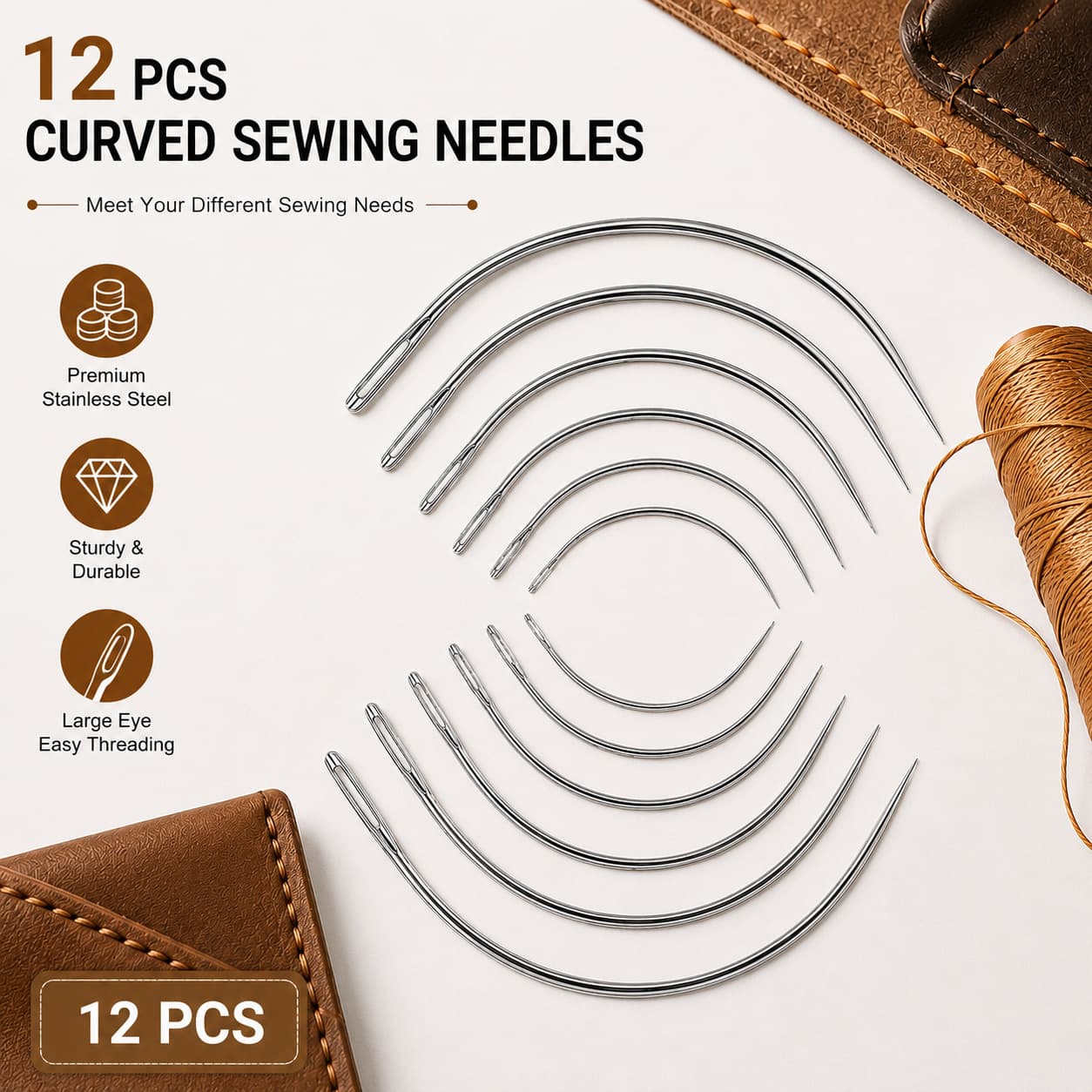 Wholesale 12 Curved Needles in a Bag, Various Sizes for Home Sewing, DIY Leather Needles, Large Hole C-Shaped Curved Needles, Fabric Sewing Needles