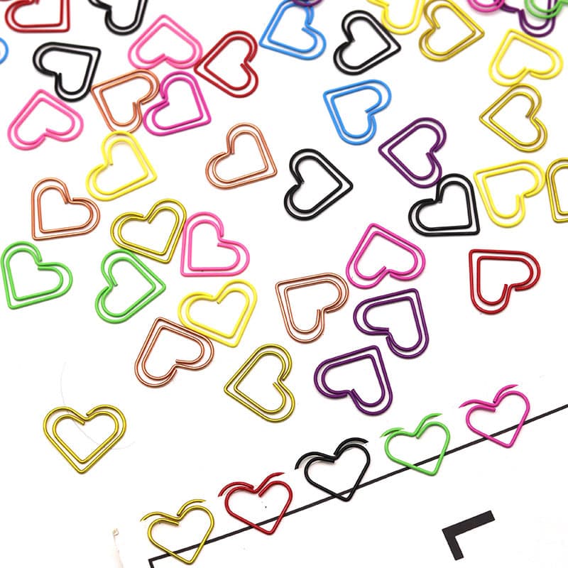 Colorful love paper clips, metal heart-shaped paper clips, cute special-shaped office paper clips, binding stationery paper clips