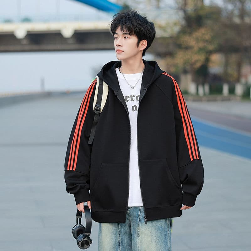 Three Bar Stripe Sports Hooded Sweater Men's Autumn Winter American Casual All-match Cardigan Outer Loose Couple Jacket