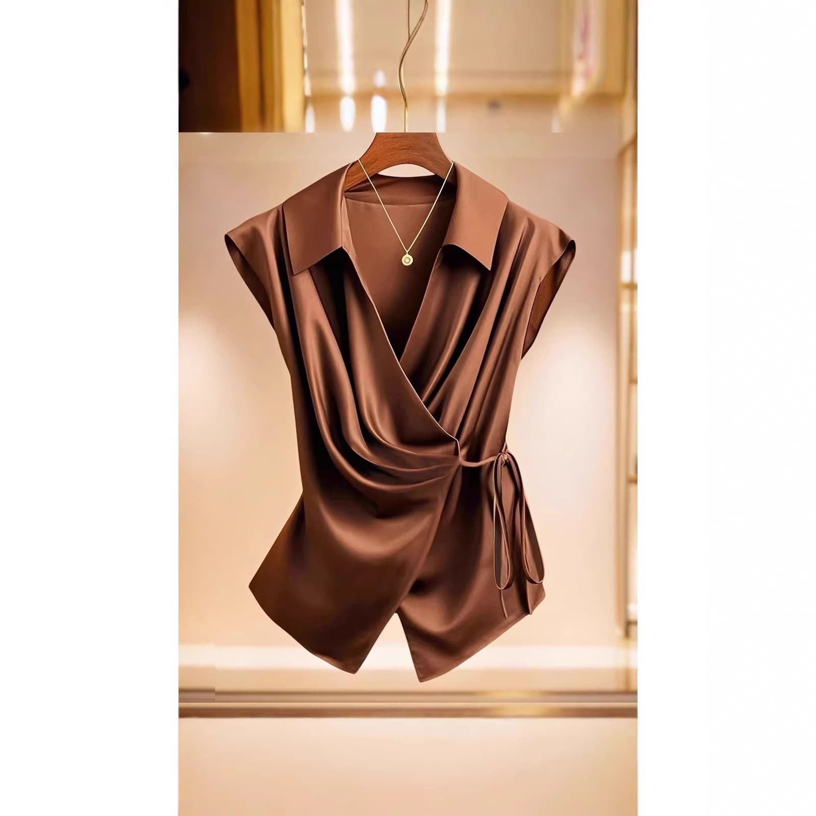 European and American cross-border foreign trade high-end satin drape lapel design sleeveless shirt socialite temperament fashionable women's clothing