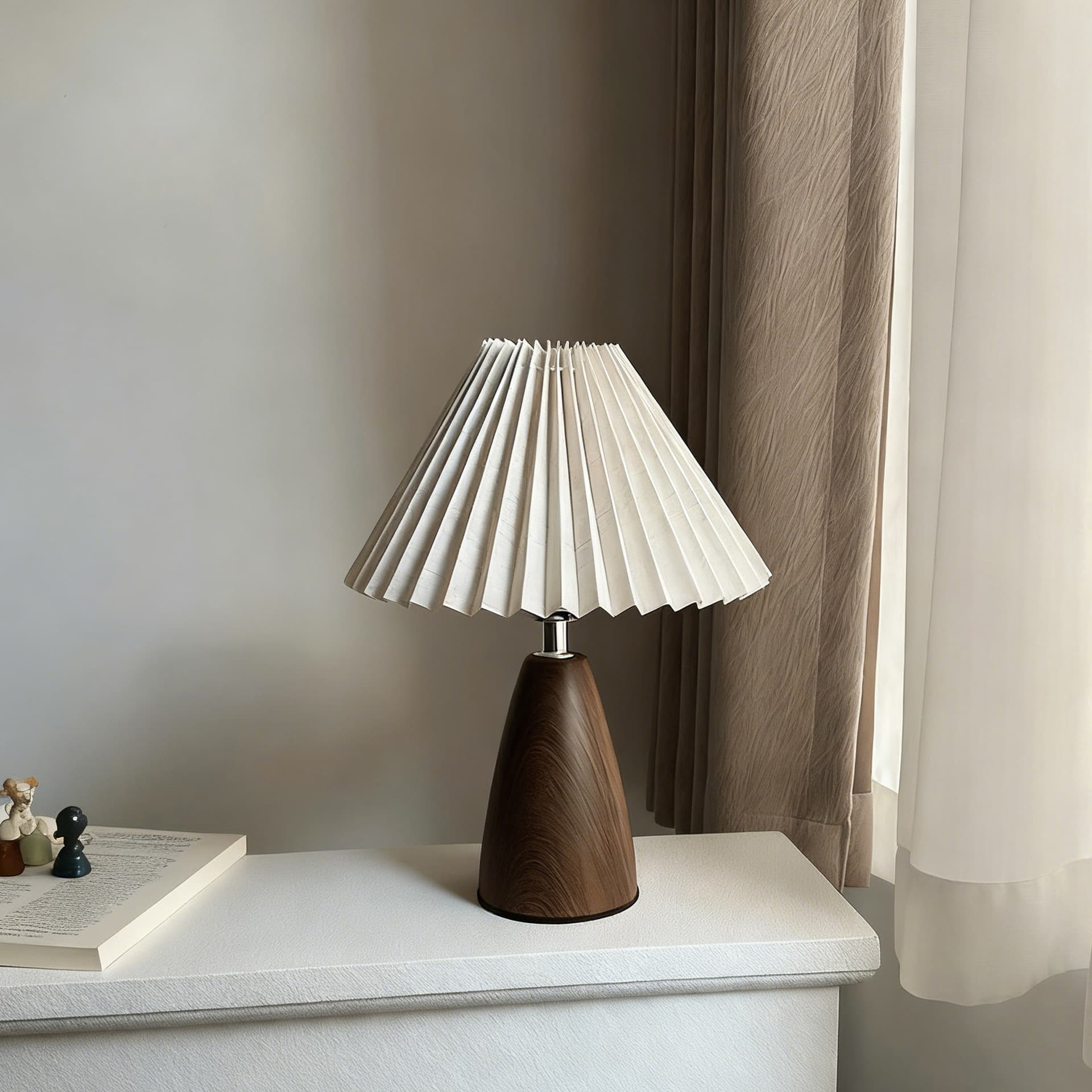 New walnut tapered table lamp pleated retro bedroom bedside lamp imitation wood grain ins decorative atmosphere night light