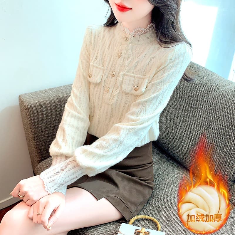 Fleece-lined and thickened lace shirt top, early autumn/winter 2025 new style base layer shirt, Chanel-style blouse for women, spring.