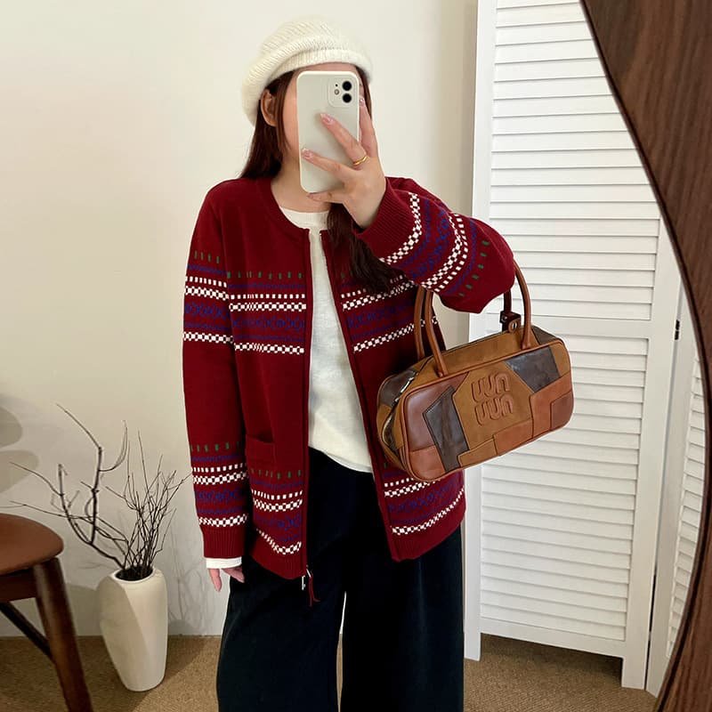 Plus Size Women's Round Neck Double Zipper Jacket Jacquard Knit Cardigan 2025 Winter Loose Fit for Curvy Women 23553