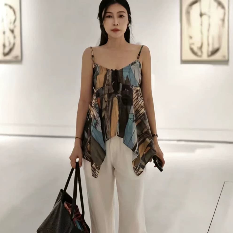 Ethnic style printed camisole women's new summer style irregular design niche tops literary retro outer wear
