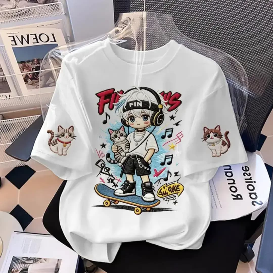 Summer Boys' Imitation Embroidery Pure Cotton Short Sleeve T-Shirt, Trendy and Versatile for Middle and Big Kids