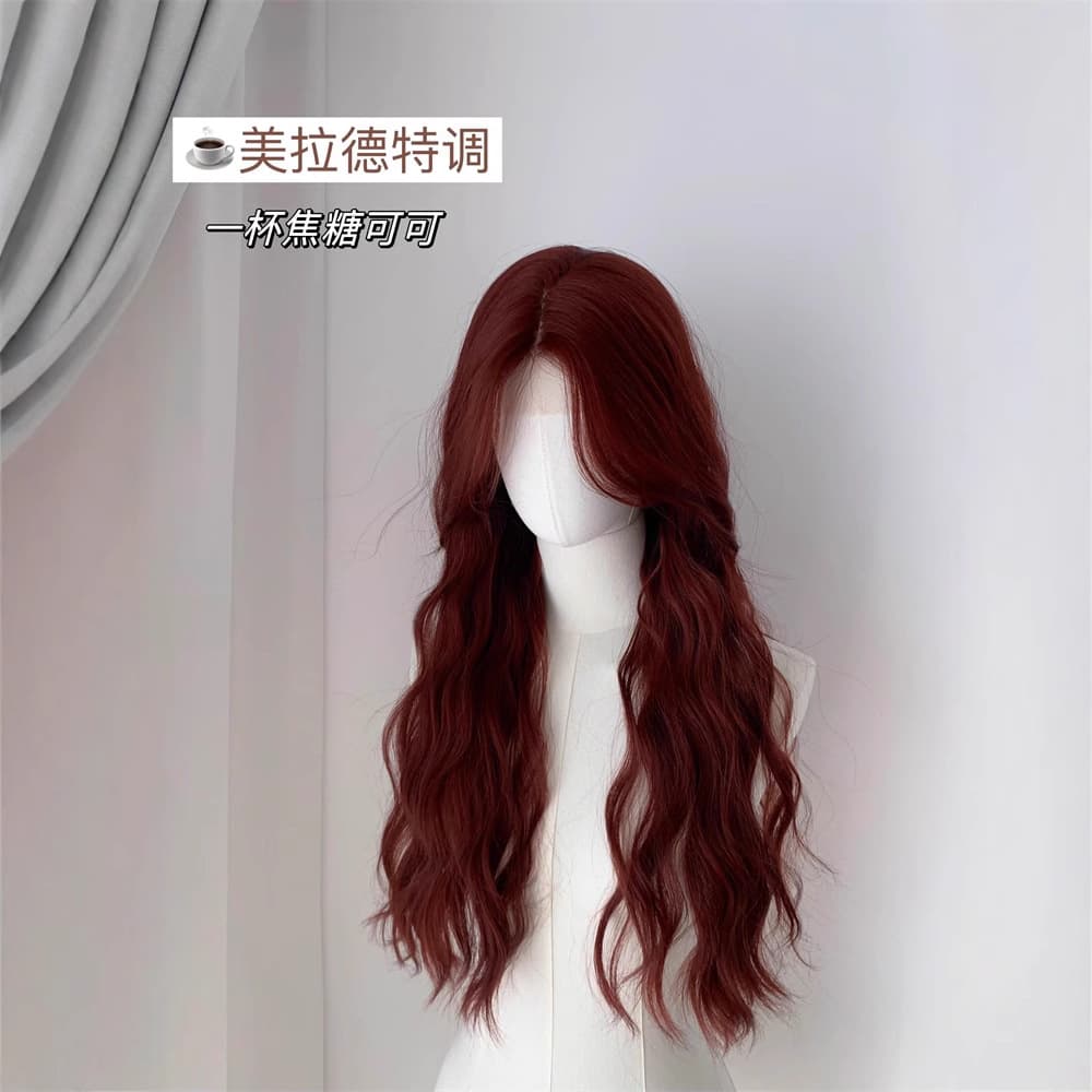 Caramel Coco Caramel Red Brown Wig Women's Full Head Cover Water Wave Long Curly Hair Small Lace Eight-Shaped Bangs