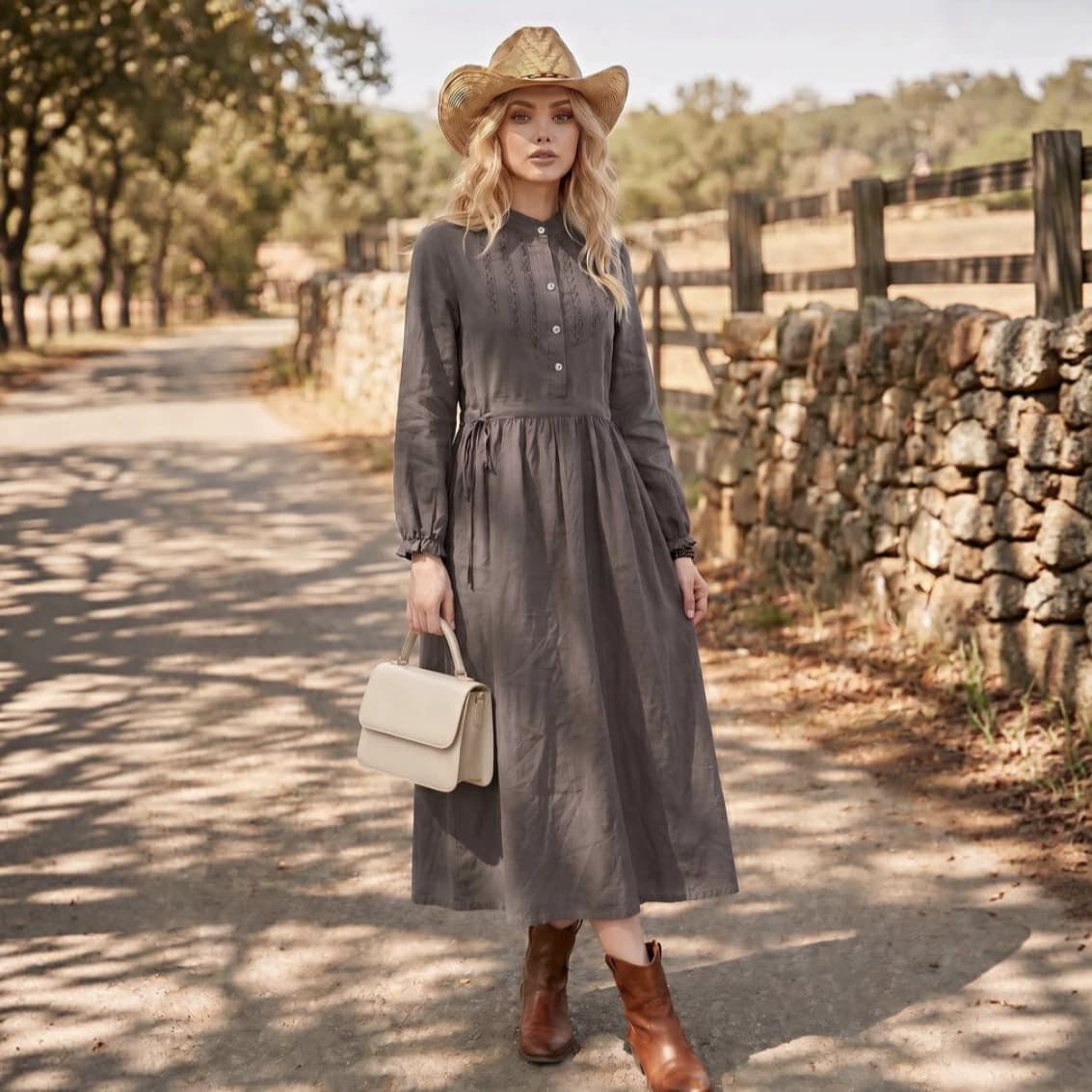 European and American fashion autumn pure cotton dress stand collar long sleeve side drawstring casual versatile mid-length skirt