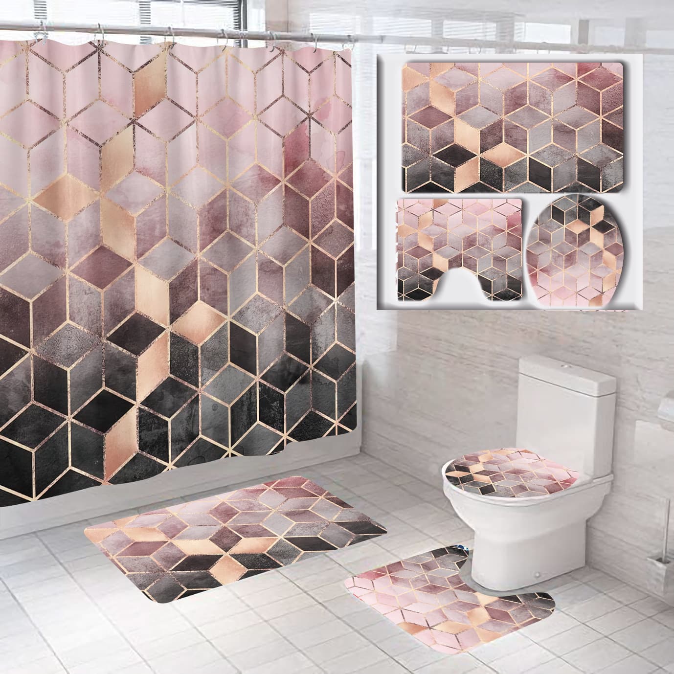 Cross-border door curtain printed shower curtain carpet floor mat combination bathroom toilet mat bathroom curtain set Amazon hot sale