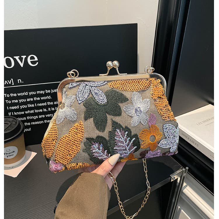 Cross-border bag women's new linen bag heavy knitted mesh splicing embroidery trendy clip top evening bag elegant hand-held bag