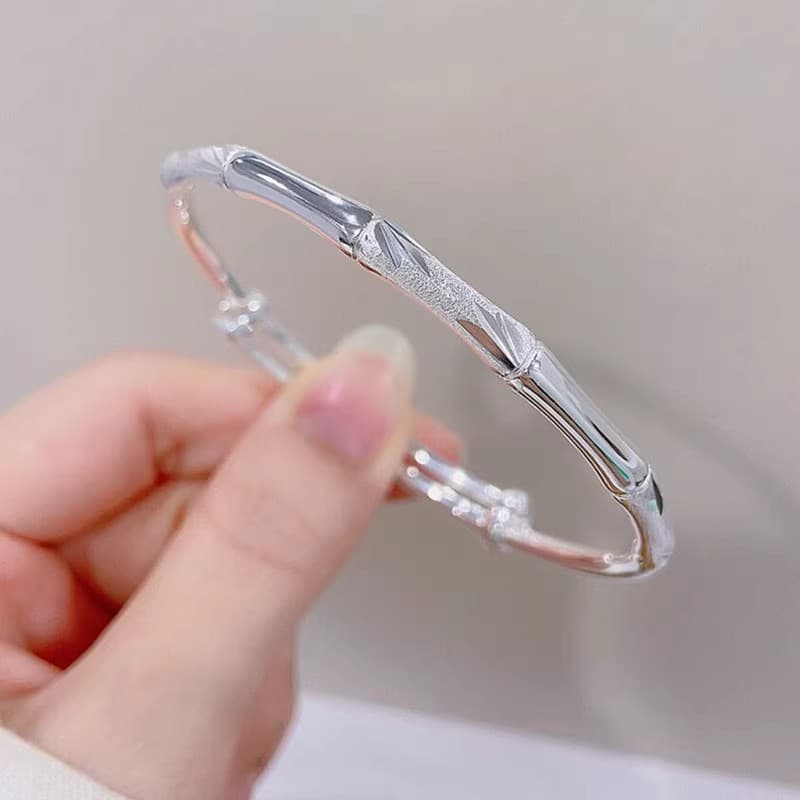 Bamboo-shaped 999 sterling silver bracelet, solid closed design, push-pull open style, youthful style, perfect gift for girlfriend.