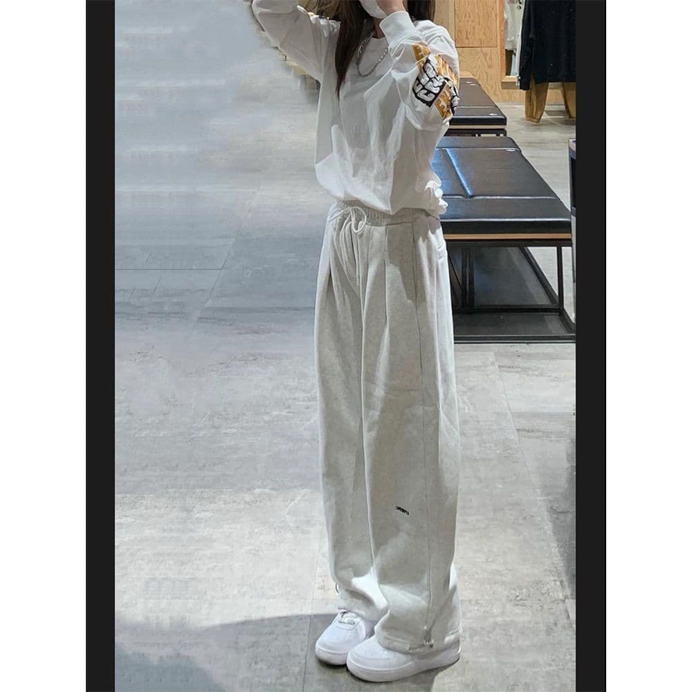 Autumn/winter new style drawstring ankle-cuff sports casual pants for women, loose fit slimming versatile straight-leg sweatpants wide-leg trendy