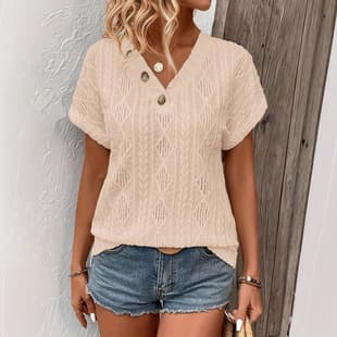 2026 Summer Cross-border European and American V-Neck Jacquard Hollow Out Loose T-Shirt Women