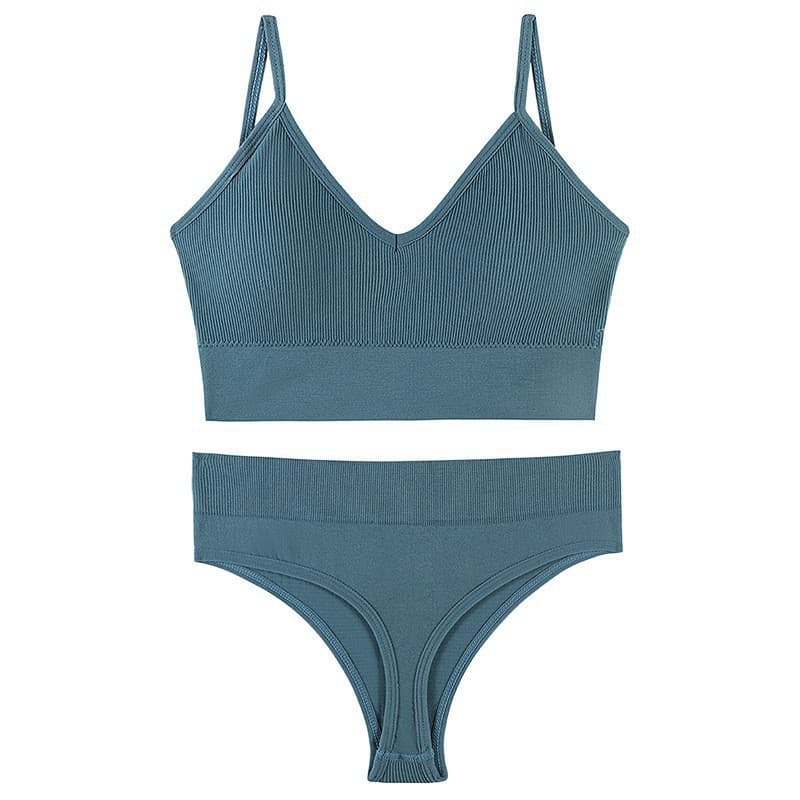 French style women's wire-free push-up bra set, thin and sexy backless triangle cup sports bra two-piece set
