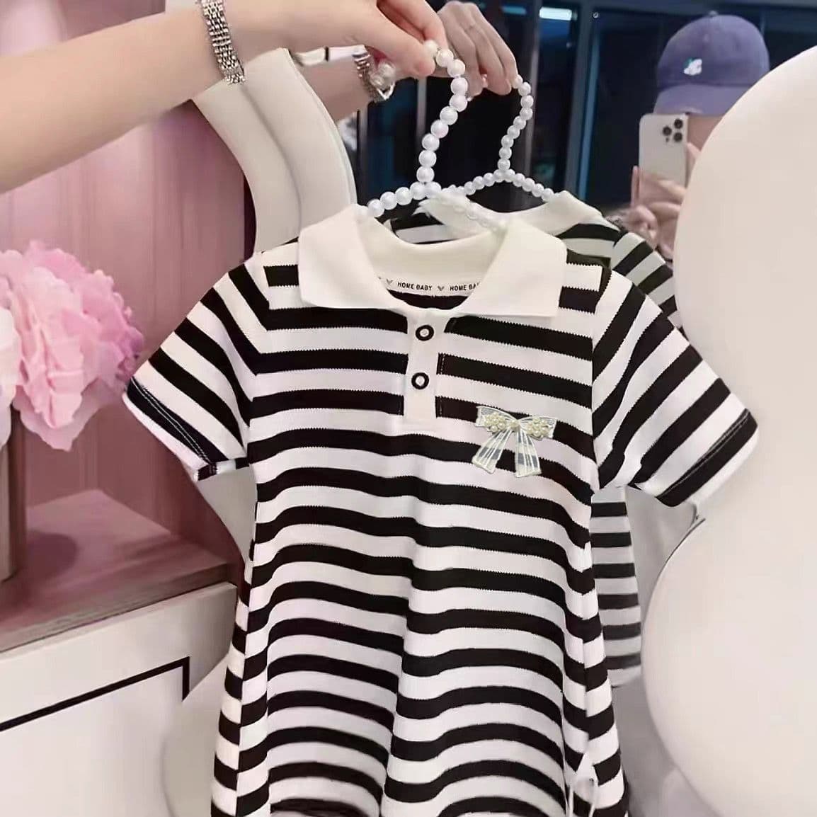 Girls Summer Short Sleeve A-Line Dress Baby Striped School Style Princess Dress Girls Summer Half Sleeve Polo Collar Dress