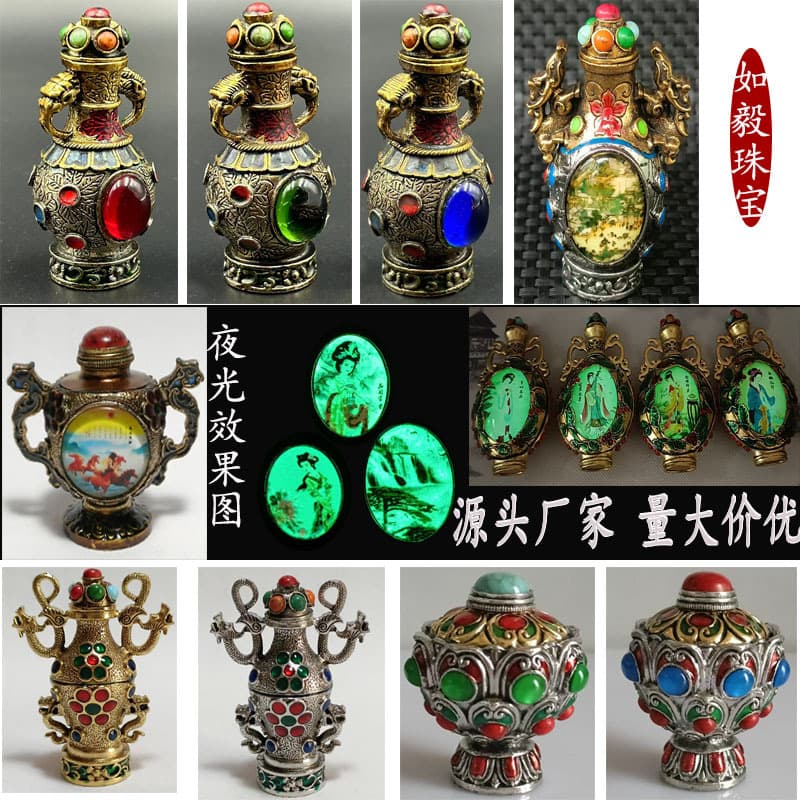 Wholesale Antique Miscellaneous Imitation Antique Copper Tibetan Handmade Snuff Bottle Ornament with Spoon Glow-in-the-Dark Style Antique Collectible Living Room