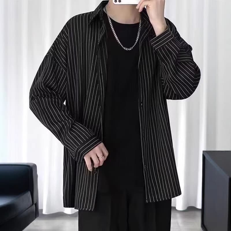 Men's Long Sleeve Striped Casual Shirt Black Classic Style Spring Autumn High Quality Anti-Wrinkle Wear Resistant Loose Fit