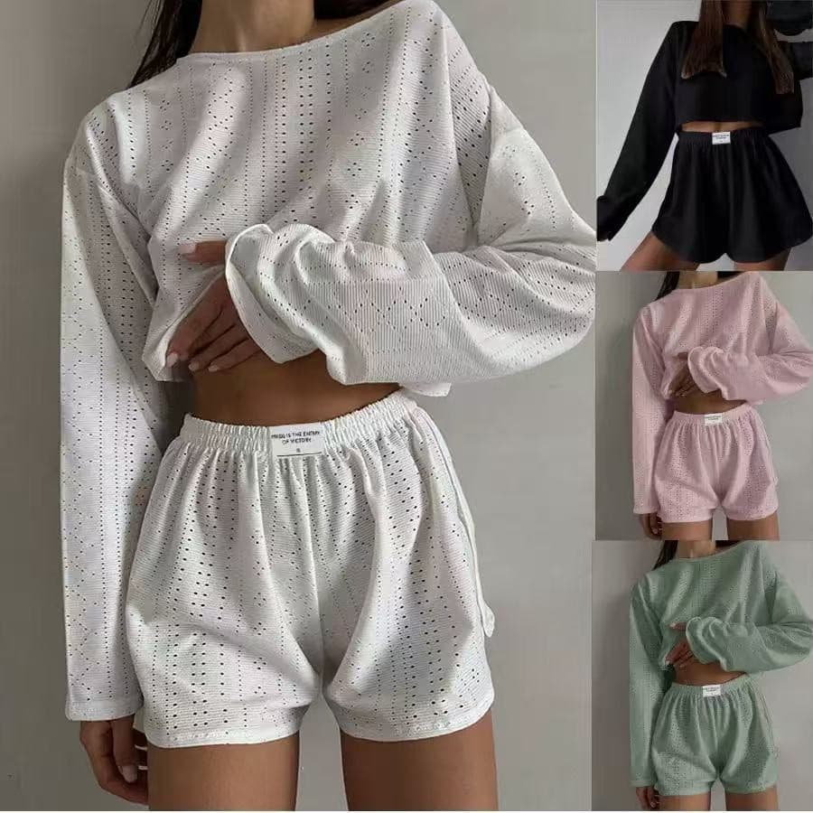 Cross-Border Spring Summer New European and American Women's Set Fashion Simple Style Loose Pullover Long Sleeve Top Split Shorts