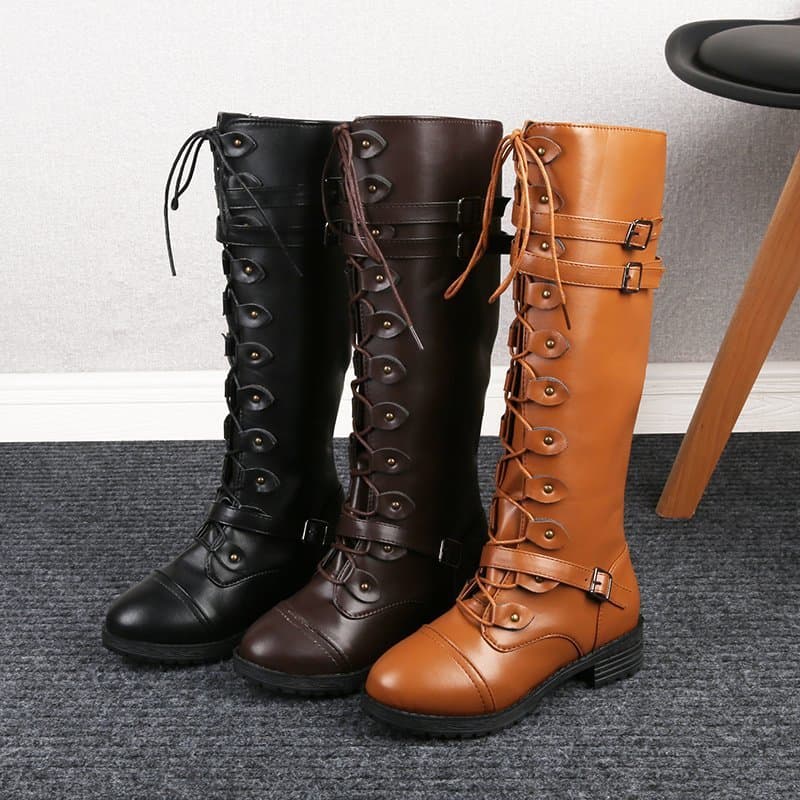 New 2025 Export Round Rivet Belt Buckle Square Heel PU European and American Women's Boots High Tube Autumn and Winter New Knight Boots