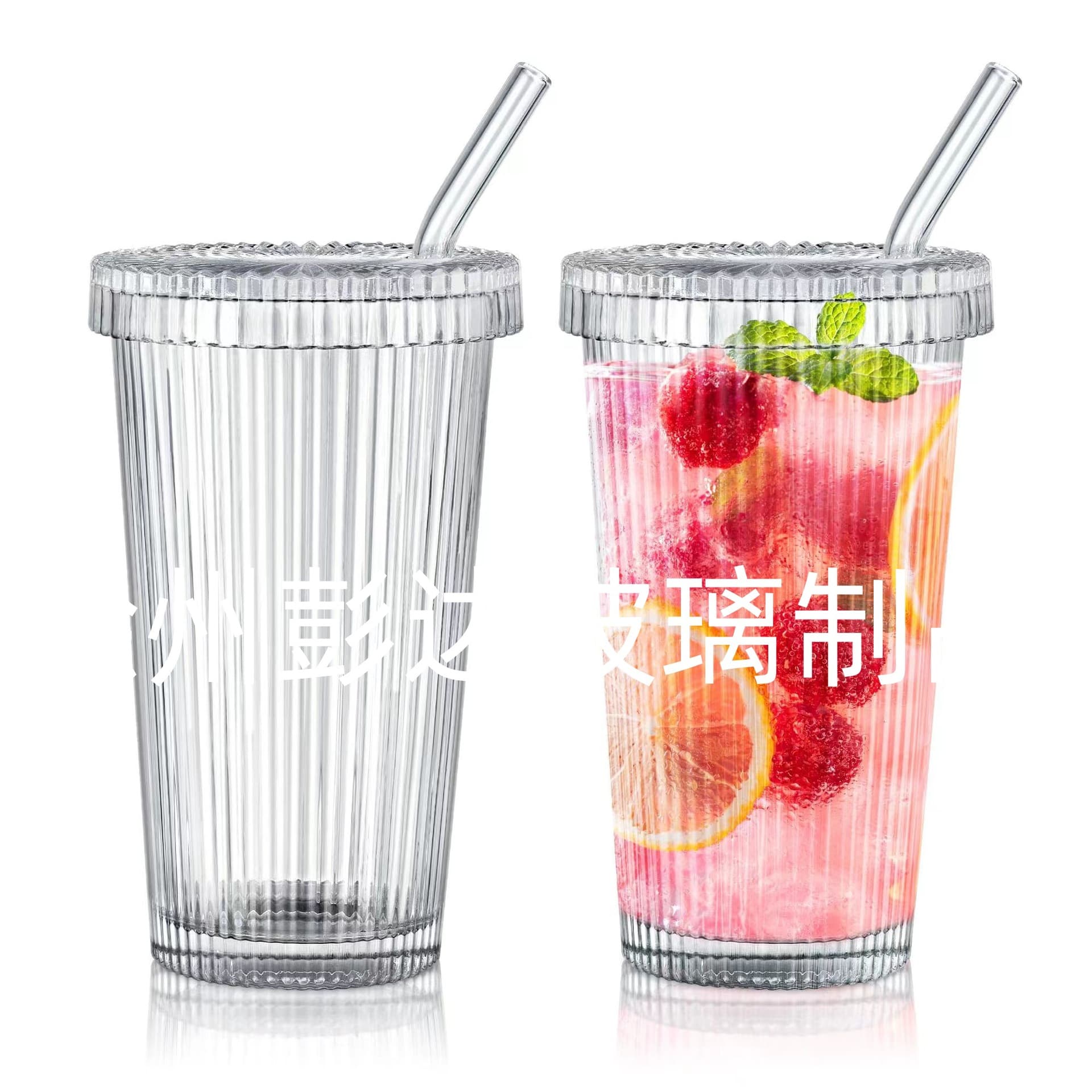 380ml Amazon Glass Vertical Stripe Cup with Glass Lid and Drinking Straw, Coffee Juice Wine Glass