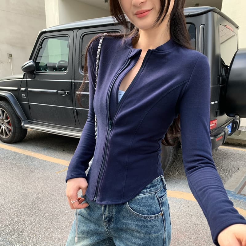 Stand-up collar slim-fit zipper cardigan jacket T-shirt women's autumn and winter 2025 new style unique and beautiful long-sleeved inner top