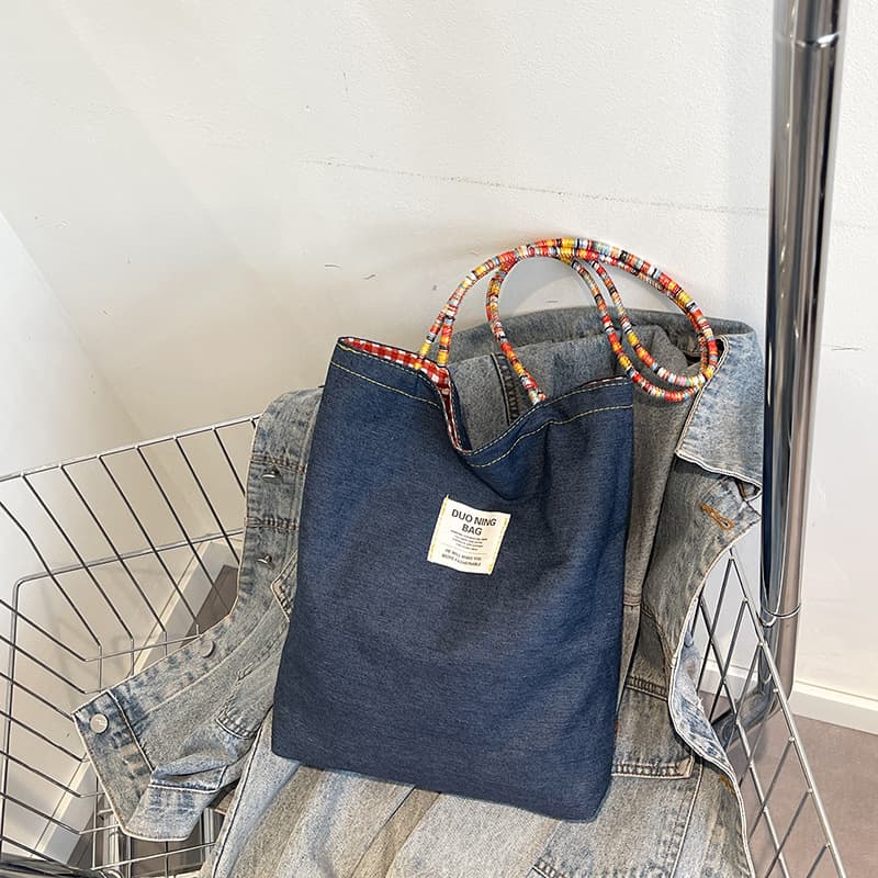 Women's Bag 2025 New Vintage Plaid Denim Canvas Versatile Commuter Tote Bag Double-Sided Single Shoulder Bag
