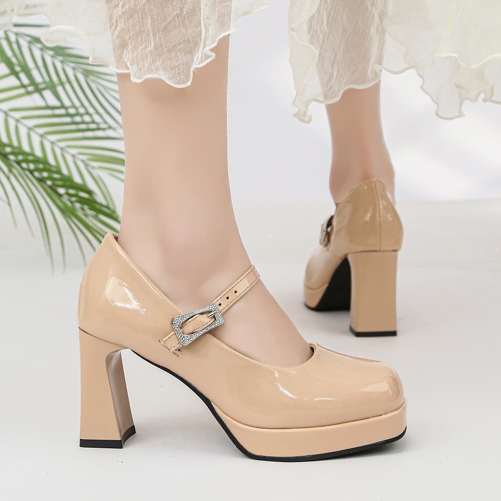 Spring black Mary Jane shoes for women foreign trade large size French round toe thick heels with skirt one-word buckle high-heeled shoes