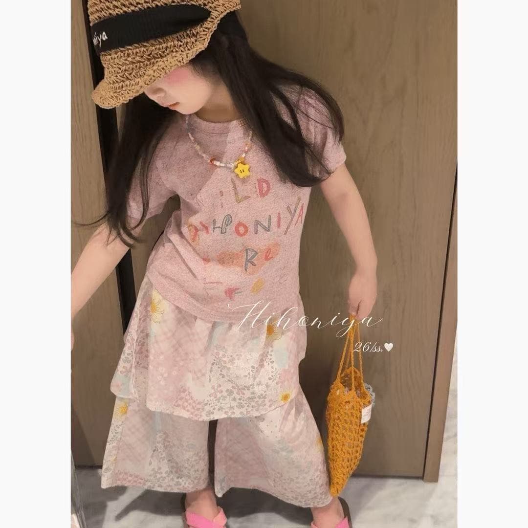 Girls' new summer dopamine outfit children's pink cartoon printed short-sleeved T-shirt butt pants suit
