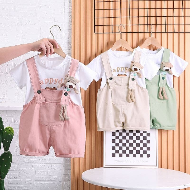 2026 Summer Kids' Short-Sleeve Casual Shorts Set Korean Style Color-Block Cartoon Print Short-Sleeve Two-Piece Set Cotton Kids' Clothing