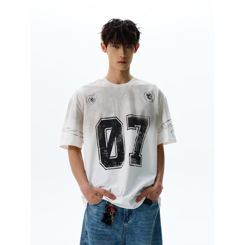American Retro High Street Distressed Spray Paint 07 Print Crewneck Short Sleeve T-Shirt Men's Jersey Streetwear Loose Half Sleeve Top