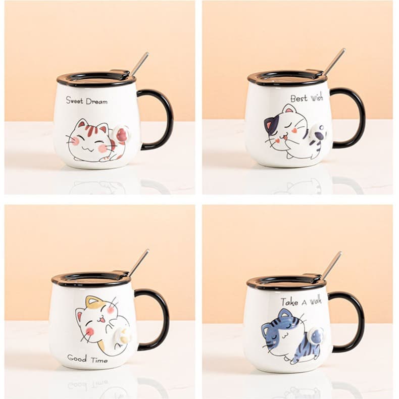Cute cat ceramic cup with lid, large capacity mug, creative drinking cup, cute couple milk cup gift