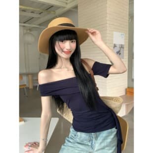 Fashion Ins Pure Hot Girl Ribbon One-Shoulder Tube Top T-Shirt Women Summer Sexy Elegant Waist-Cinching Off-Shoulder Top
