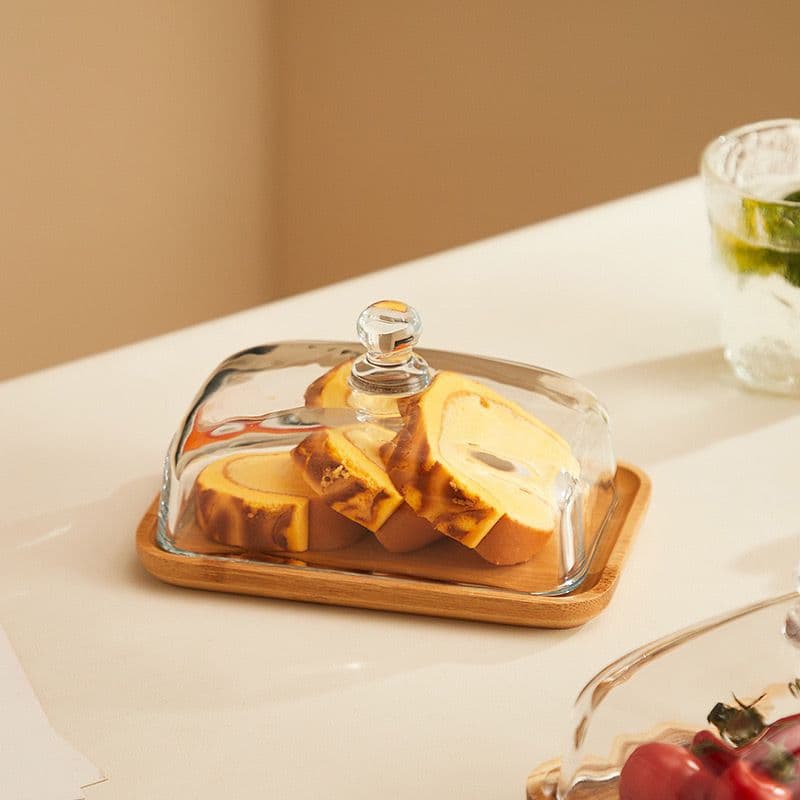 Square Glass Covered Cake Plate Butter Cheese Dessert Tasting Plate Bamboo Wood Tray Glass Dome Home Goods Butter Dish