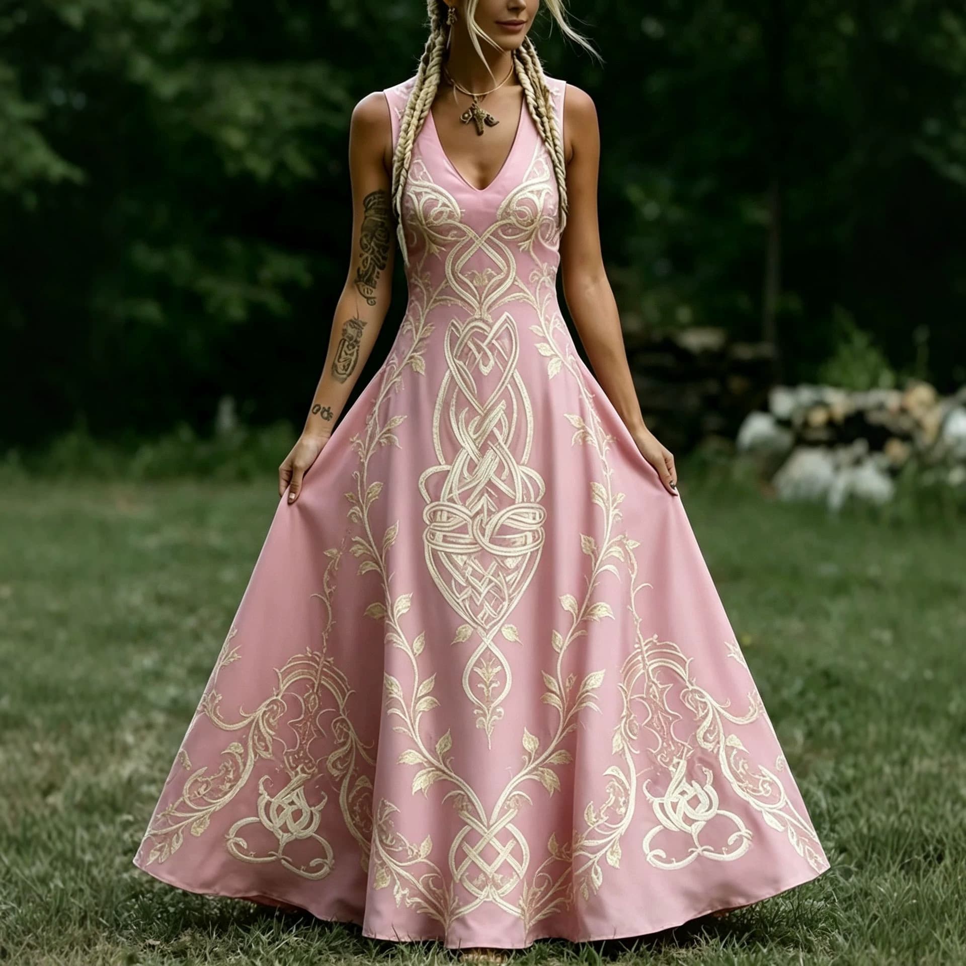 Overseas Trade Cross-border V-neck Sleeveless Celtic Pattern Dress Flared Long Skirt Elegant Versatile Vacation Casual Women's Maxi Dress