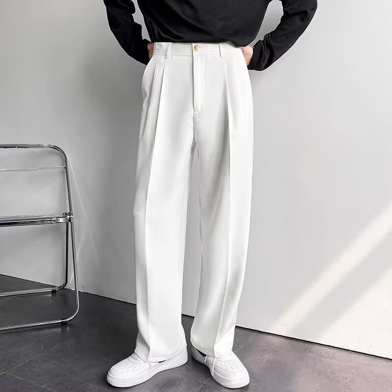 Casual Men's Black Wide Leg Pants Spring Season Lightweight Draped Loose Fit Trousers Luxury Style Straight Cut Long Trousers