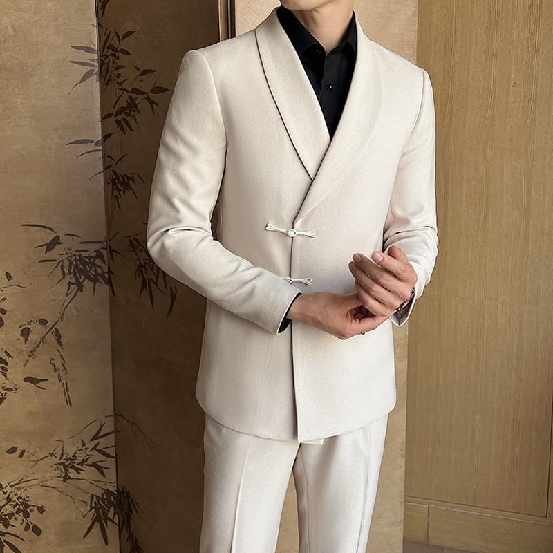Spring New Xiaohongshu Recommended Ethnic Style Suit Two-Piece Notch Lapel Knot Button Design Shawl Collar Tang Suit Formal Wear