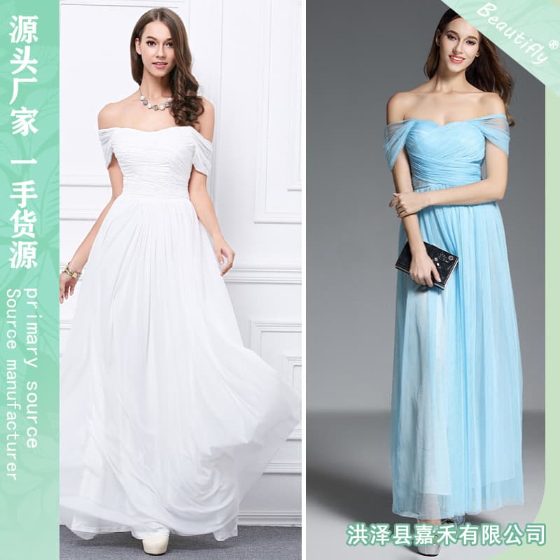 Cross-border dress European and American one-shoulder dress mesh pleated shoulder sexy dress skirt banquet evening dress