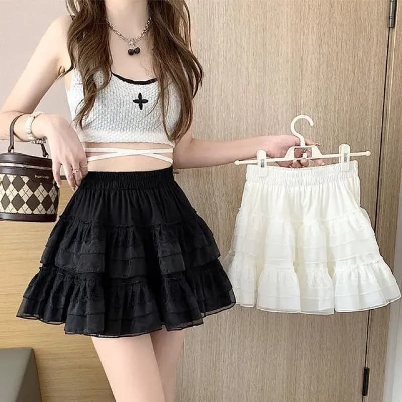 Plus Size Super Fairy Sweet Puff Cake Short Skirt Women Summer Design Sense Lace Trim Princess Skirt Half Skirt