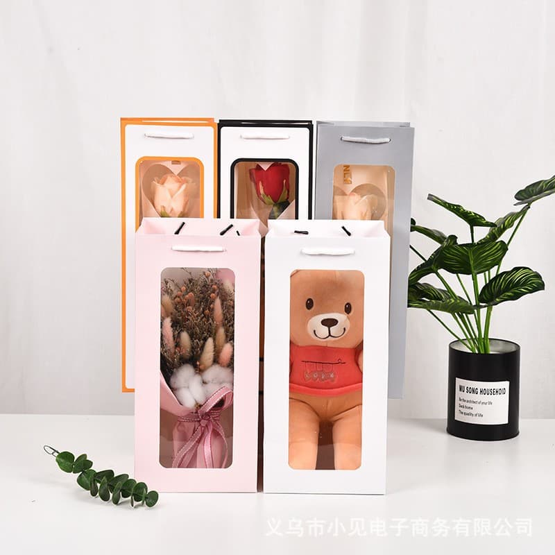 Single Stem Flower Gift Bag with Handle, Transparent Window Flower Packaging Bag, Wine Paper Bag, Stock Ready Gift Bag for Teacher's Day