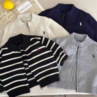 Kids Sweater 2026 Spring/Autumn Boys Stand Collar Zip Knit Cardigan Baby Toddler Striped Jacket Children's Clothing