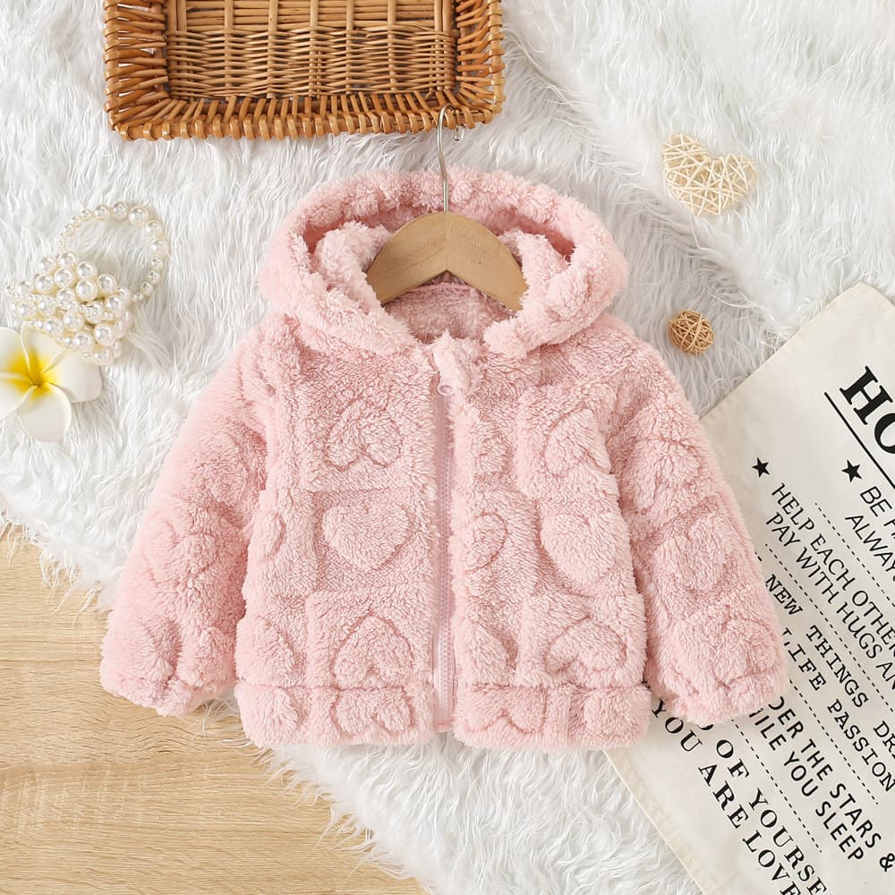 New Fall/Winter Girls' Cartoon Print Solid Color Hooded Faux Fur Coat, Toddler Girls' Fleece-Lined Thick Warm Outerwear