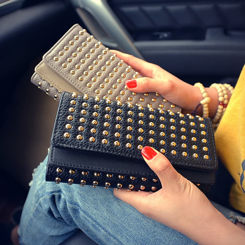 Cross-border 2025 new style women's long tri-fold wallet large capacity clutch handmade rivet multi-layer mobile phone bag
