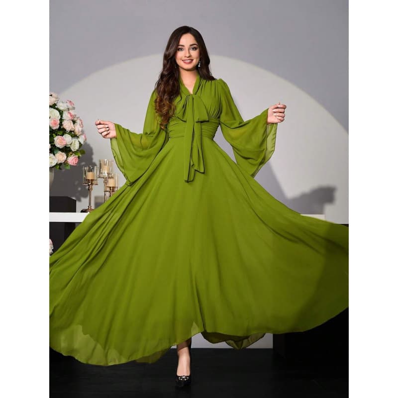 Cross-border Amazon US/EU 2026 Fall New Arrival Simple Fashion Ruffle Tie Casual Long Dress for Women