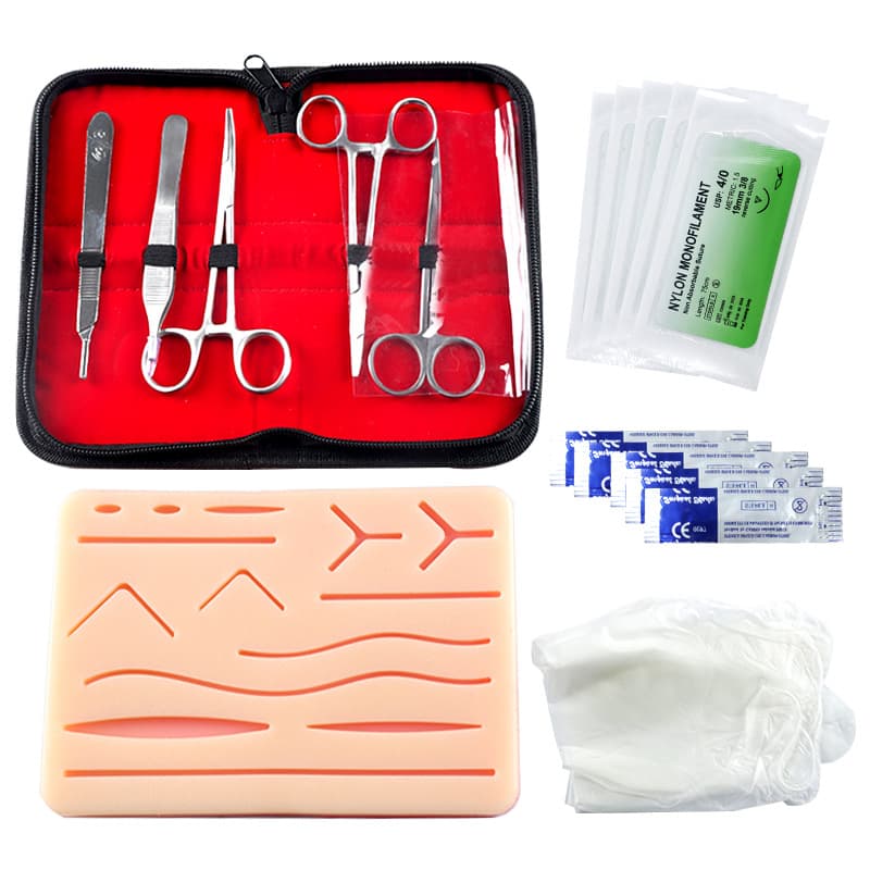 Surgical suturing practice instrument kit, teaching and training silicone module tool kit for medical students' practice.