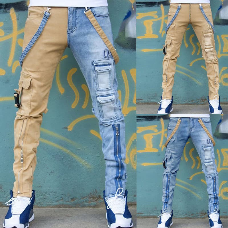 Trendy Men's Zipper Workwear Jeans Color Block Washed Straight Leg Cotton Denim Youth Pop Street Style Autumn Winter Casual
