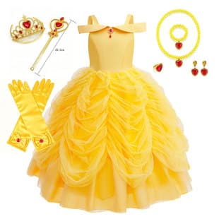 New Girls Beauty and the Beast Belle Princess Dress Halloween Off-Shoulder Princess Gown
