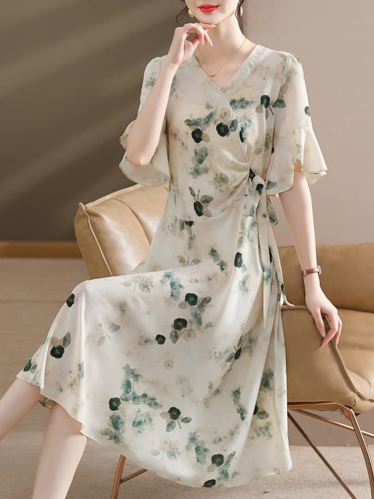 Middle-aged Mother Summer Chiffon Short Sleeve Dress New Style for Elderly Women Summer Stylish Waist-Cinching Dress